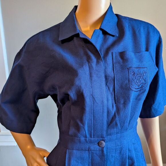 Vintage 80s Allison Smith Navy Blue Midi Dress Nautical Preppy Crest Size 10 - Picture 3 of 12